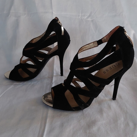 GUESS Black Suede Strappy 4" Heels with Back Zip size 8 - Picture 3 of 10